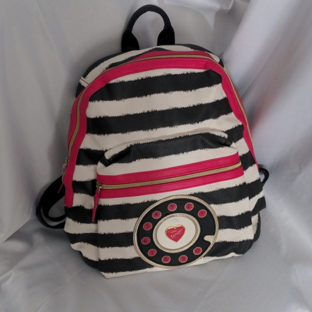Betsey Johnson blk stripe/pink phone trim backpack